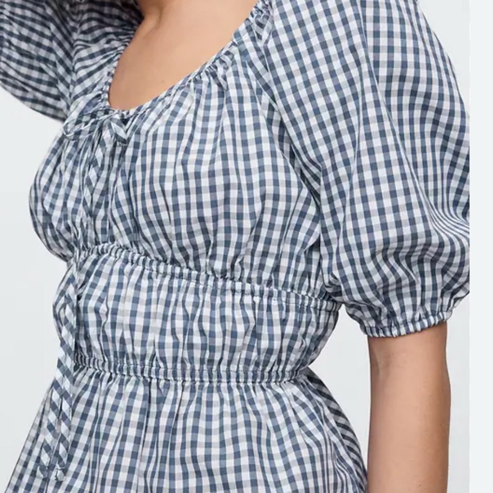 Gap Puff Sleeve Cinched-Waist Top Navy gingham M NWT - Picture 3 of 6
